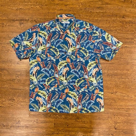 Tommy Bahama Blue Paradiso Parrots Camp Short-Sleeve Button-up‎ Floral Shirt LRG - Picture 1 of 9